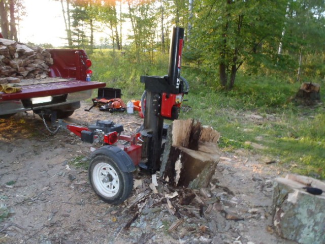 When the wood chunks are too heavy to easily lift I switch the splitter to "vertical mode". It's important that every wood block be shorter than the stroke of the hydraulic ram. This chunk, from the base of the tree, is about an inch too long.